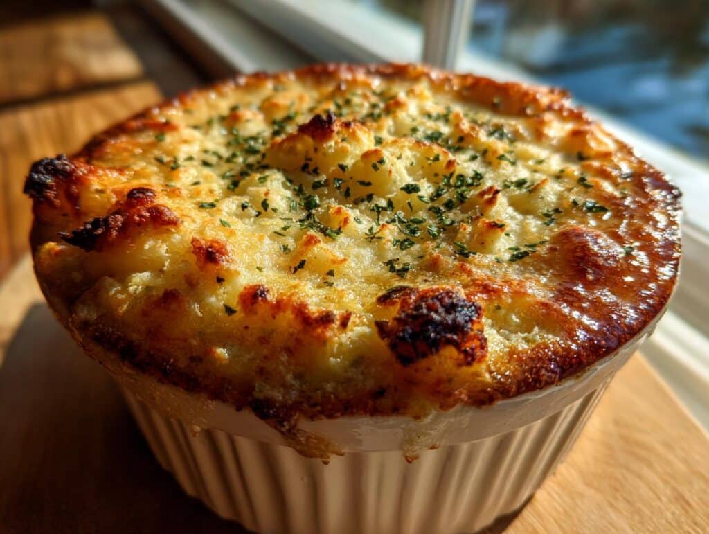 Individual serving of healthy shepherds pie soup in a white ramekin, topped with golden mashed potatoes and herbs.