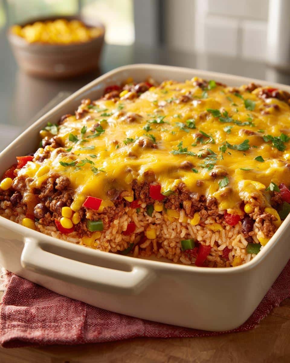 Unbelievable Healthy Vegetarian Mexican Casserole: 1 Pan 6 A baked healthy vegetarian mexican casserole with rice and beans, topped with melted cheese and parsley in a baking dish.