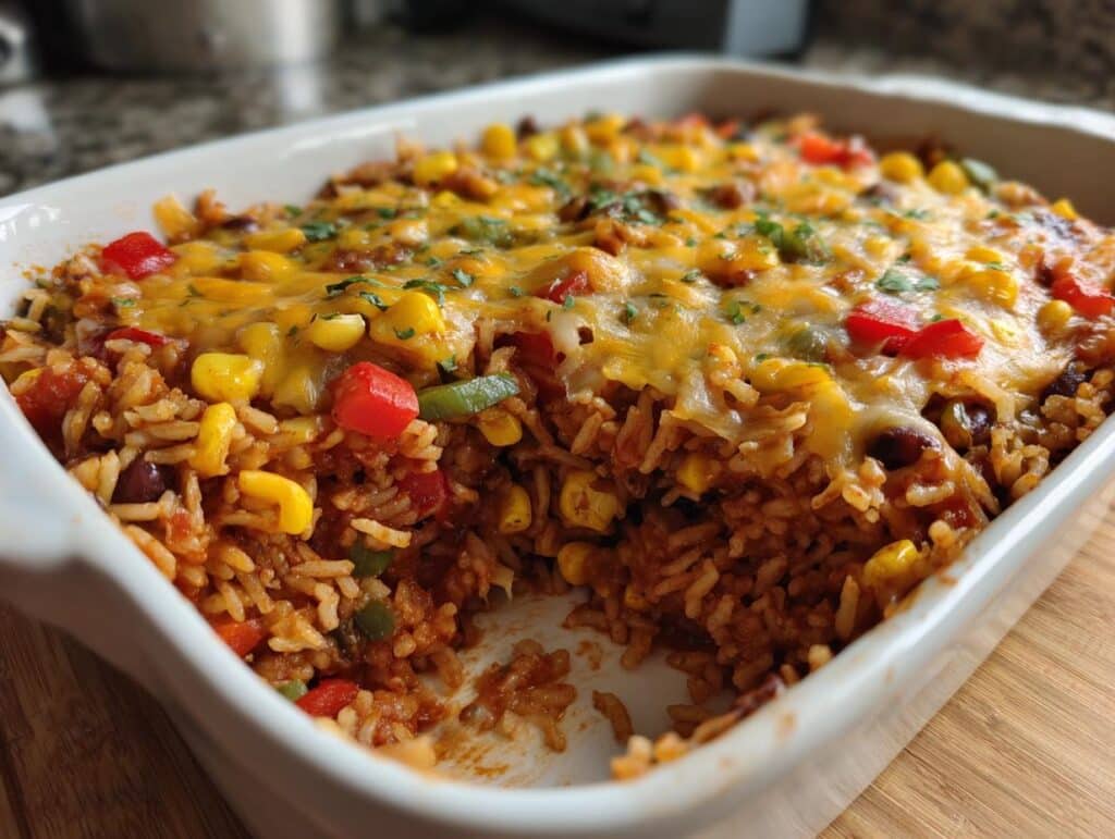 A delicious healthy vegetarian mexican casserole with rice and beans, topped with cheese and fresh herbs in a white baking dish.