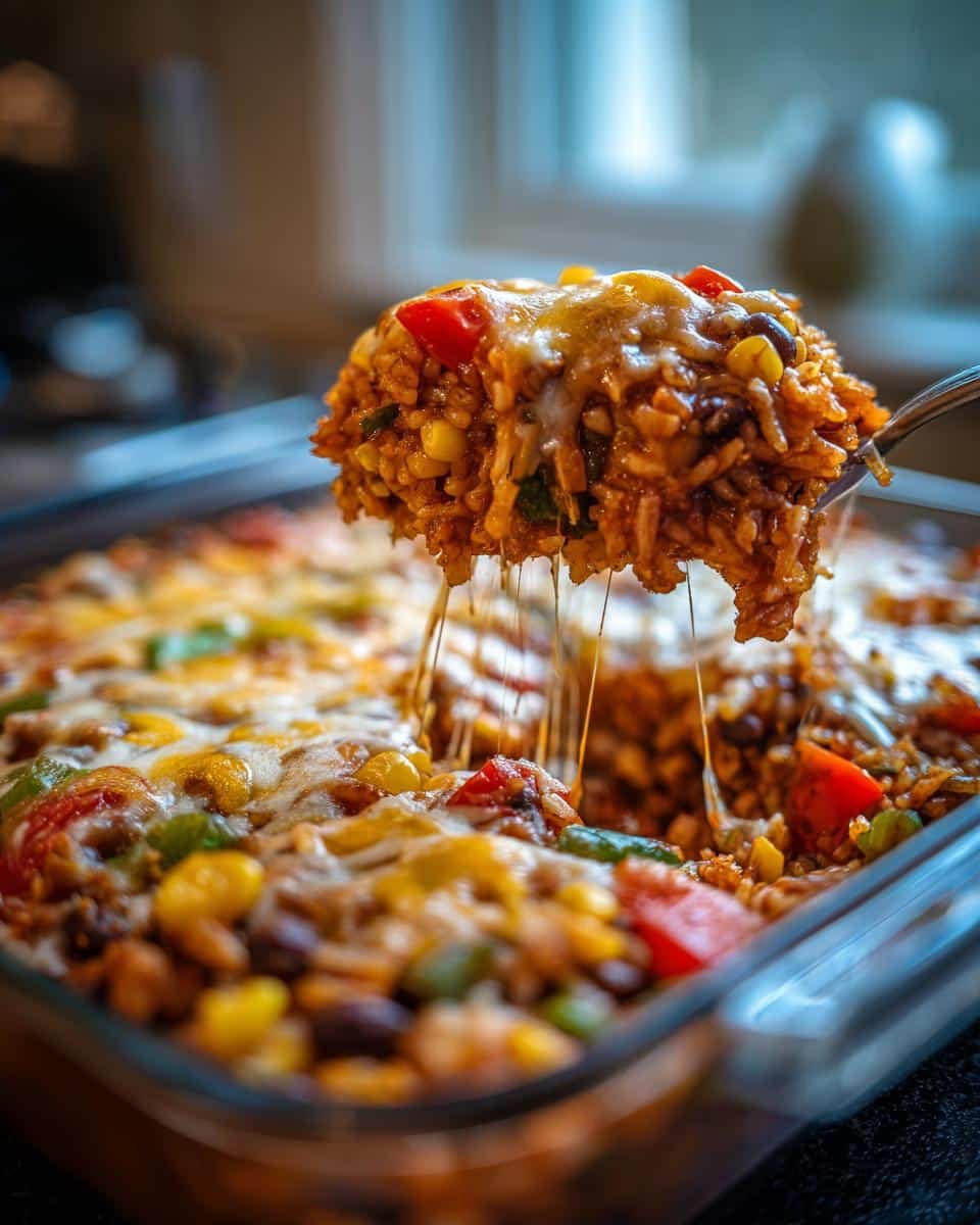 Unbelievable Healthy Vegetarian Mexican Casserole: 1 Pan 9 Spoonful of healthy vegetarian Mexican casserole with rice and beans, cheese pull, and vegetables.