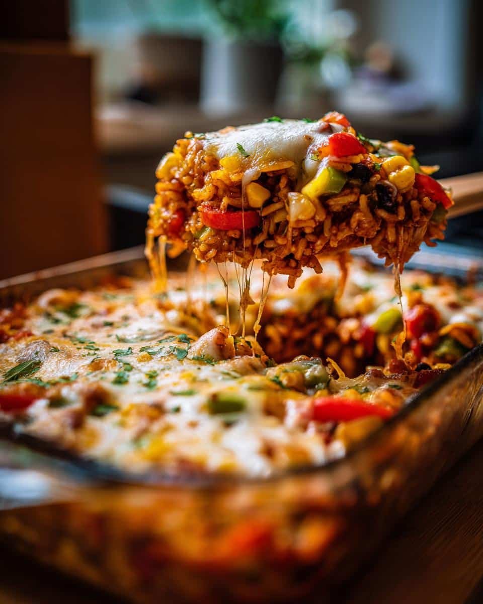 Unbelievable Healthy Vegetarian Mexican Casserole: 1 Pan 8 A spoonful of healthy vegetarian Mexican casserole with rice and beans being lifted from a glass baking dish, cheese melting.