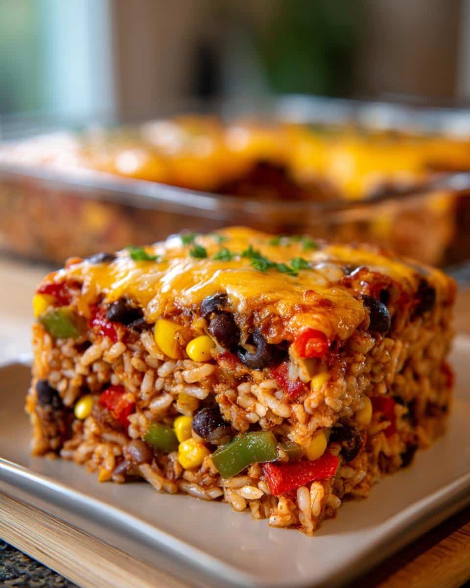 Unbelievable Healthy Vegetarian Mexican Casserole: 1 Pan 7 A slice of healthy vegetarian mexican casserole with rice and beans, topped with melted cheese and parsley.
