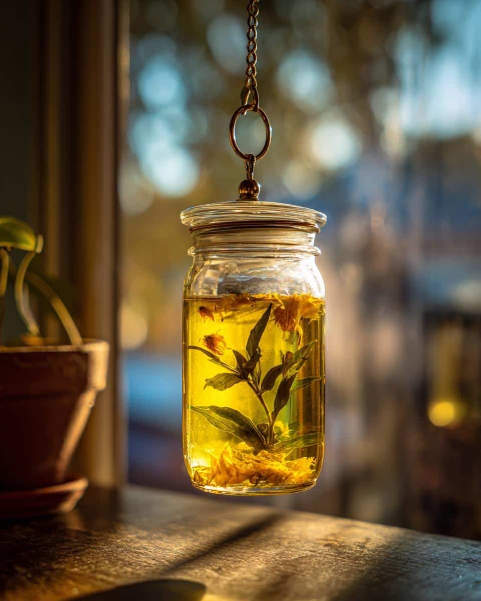 Dead Simple Recipe for Hummingbird Nectar Homemade 8 Glass jar filled with homemade hummingbird nectar, hanging indoors near a window.