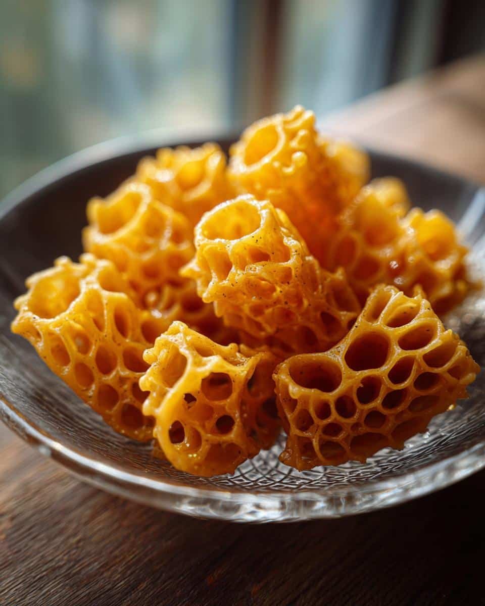 Delicious Blueberry Protein Breakfast Bake in 30 6 Close up of honeycomb cereal pieces in a bowl, for blueberry protein breakfast bake recipe.