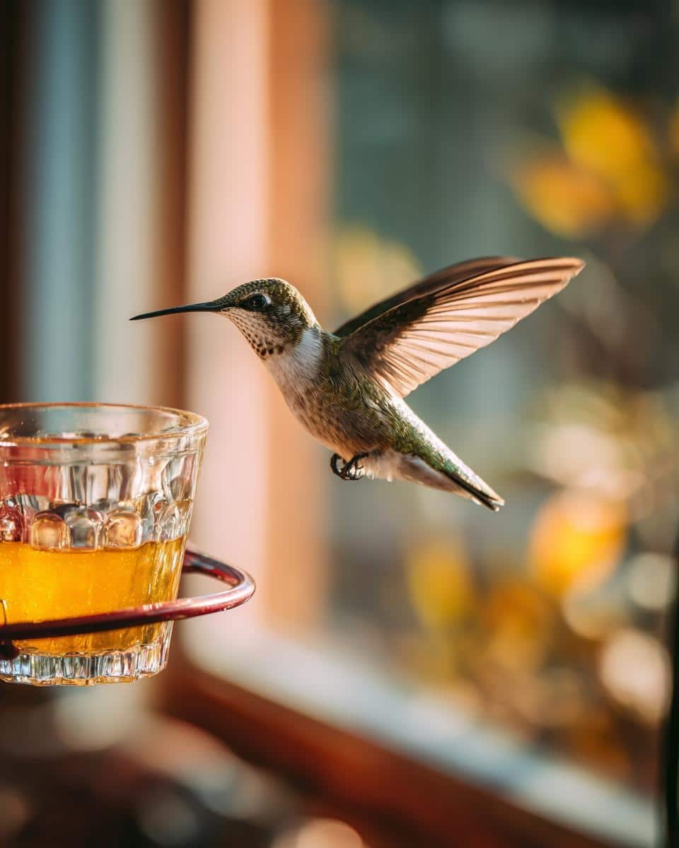 Dead Simple Recipe for Hummingbird Nectar Homemade 9 A hummingbird hovers near a glass feeder filled with homemade hummingbird nectar, ready to drink.