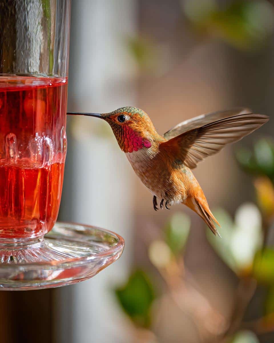 Dead Simple Recipe for Hummingbird Nectar Homemade 7 Rufous hummingbird mid-flight drinking recipe for hummingbird nectar homemade from a feeder.