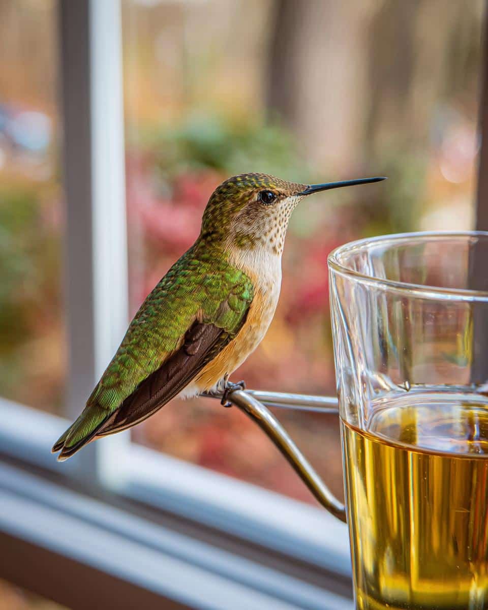 Dead Simple Recipe for Hummingbird Nectar Homemade 6 Hummingbird perched near a glass of recipe for hummingbird nectar homemade, ready to drink.