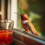 Rufous hummingbird perched near a glass of red liquid, likely a recipe for hummingbird nectar homemade.