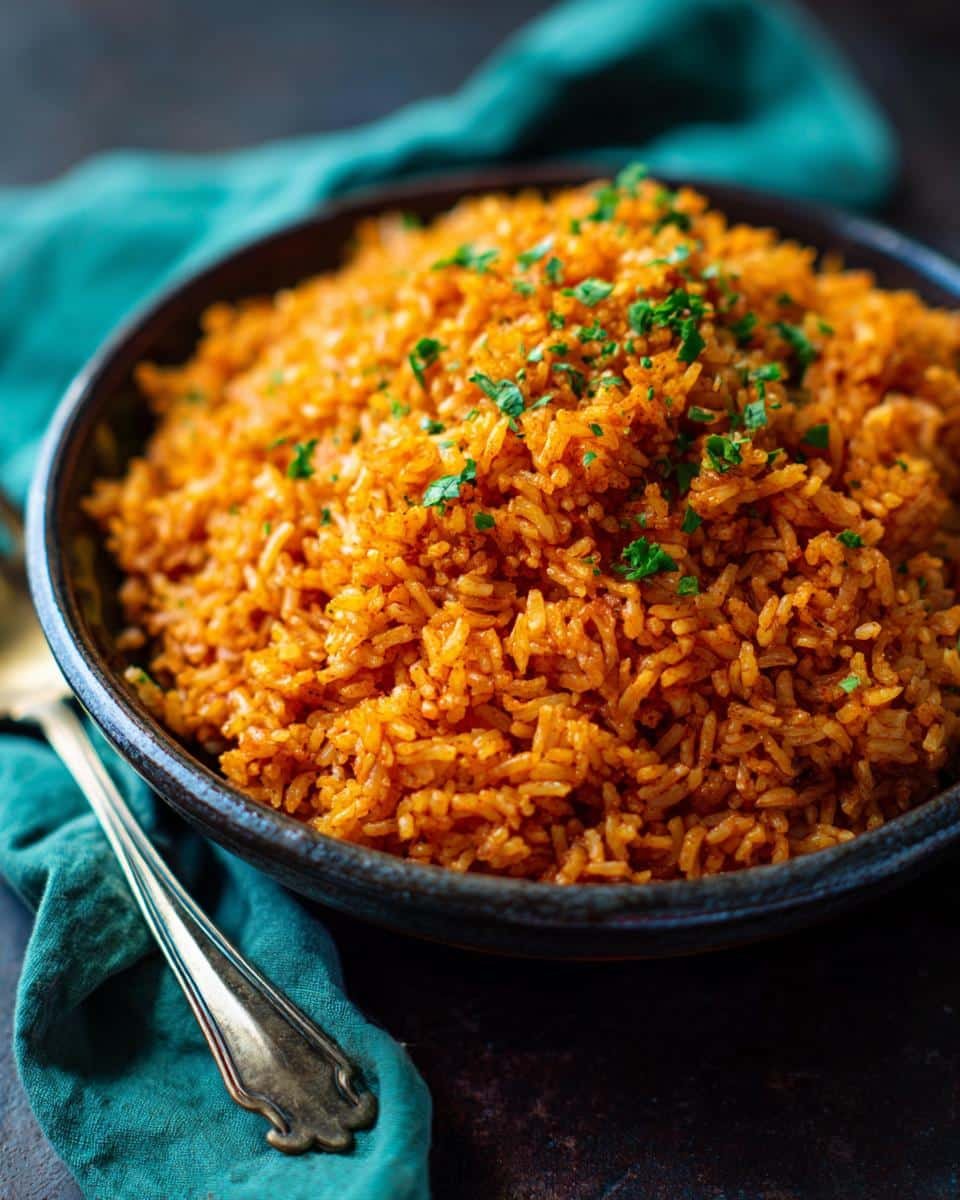 Delicious Baked Blueberry Cottage Cheese Bowls in 25 Minutes 8 A bowl of vibrant Jollof rice, garnished with fresh parsley, sits next to a vintage spoon.