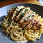 Close-up of lemon garlic chicken with creamy parmesan pasta, garnished with parsley and parmesan.