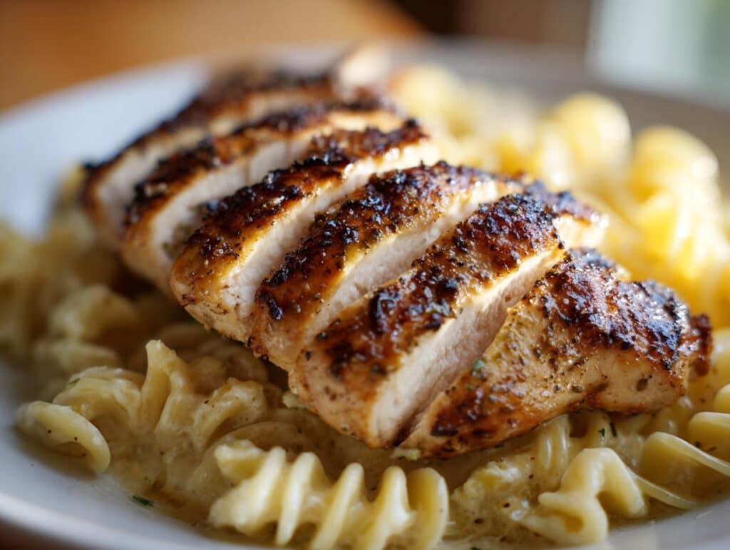 Close-up of sliced lemon garlic chicken with creamy parmesan pasta on a white plate.