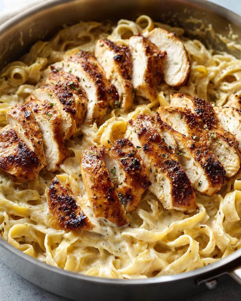Lemon Garlic Chicken With Creamy Parmesan Pasta: Divine 6 Close-up of lemon garlic chicken with creamy parmesan pasta in a skillet, garnished with herbs.