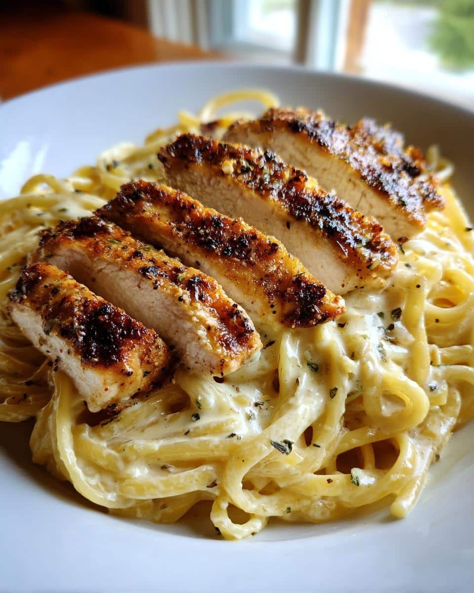 Lemon Garlic Chicken With Creamy Parmesan Pasta: Divine 7 Close-up of lemon garlic chicken with creamy parmesan pasta on a white plate, garnished with herbs.