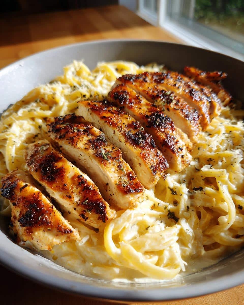 Lemon Garlic Chicken With Creamy Parmesan Pasta: Divine 8 A bowl of lemon garlic chicken with creamy parmesan pasta, featuring sliced grilled chicken on top of creamy pasta.