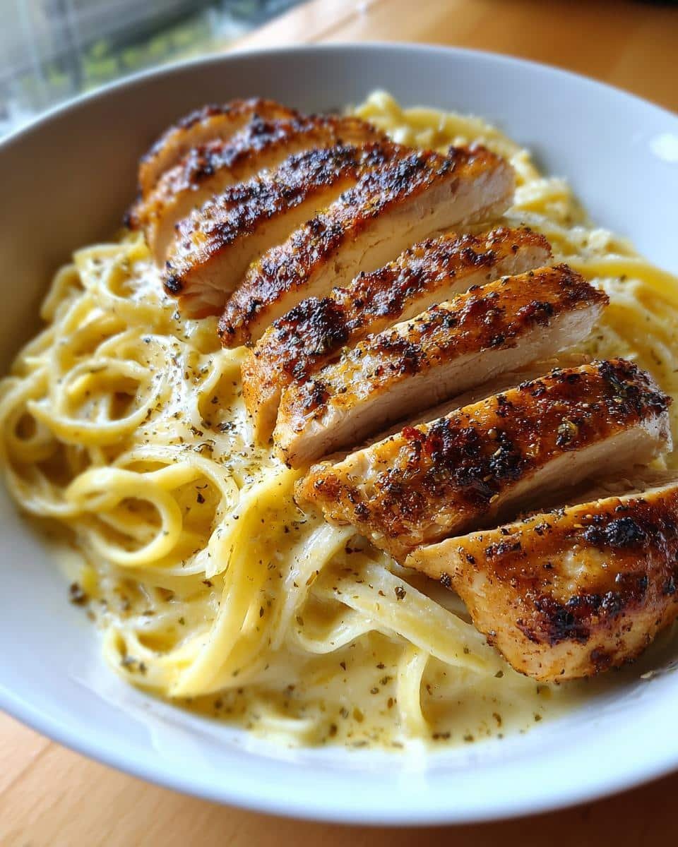 Lemon Garlic Chicken With Creamy Parmesan Pasta: Divine 9 A delicious plate of lemon garlic chicken with creamy parmesan pasta, featuring sliced chicken breast on top of pasta.