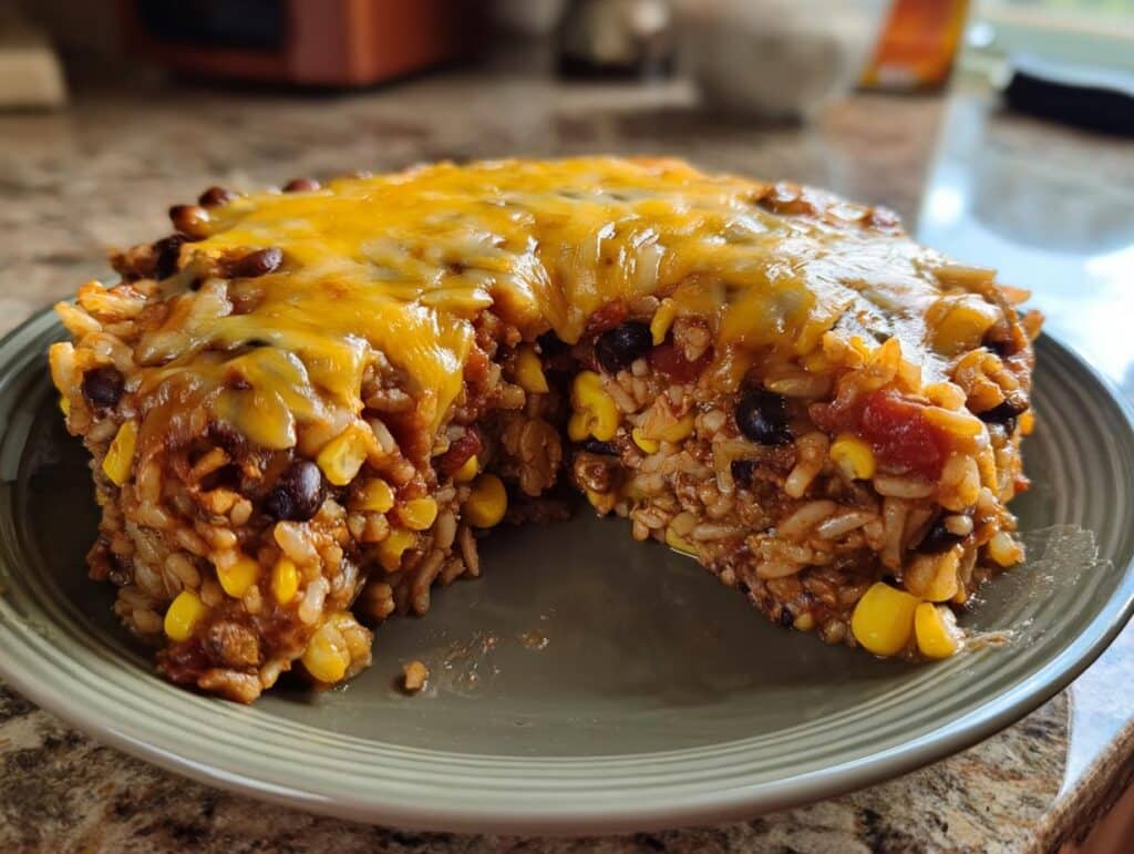 A delicious Mexican black beans and rice casserole with melted cheese, corn, and tomatoes on a plate.