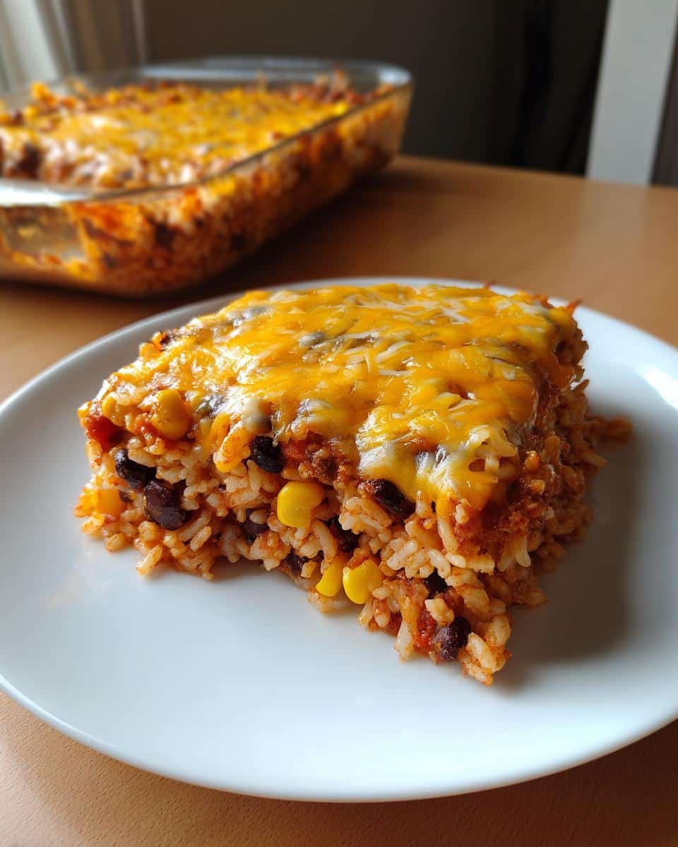Disgustingly Easy Mexican Black Beans and Rice Casserole 6 A slice of Mexican black beans and rice casserole on a plate, topped with melted cheese and visible black beans and corn.