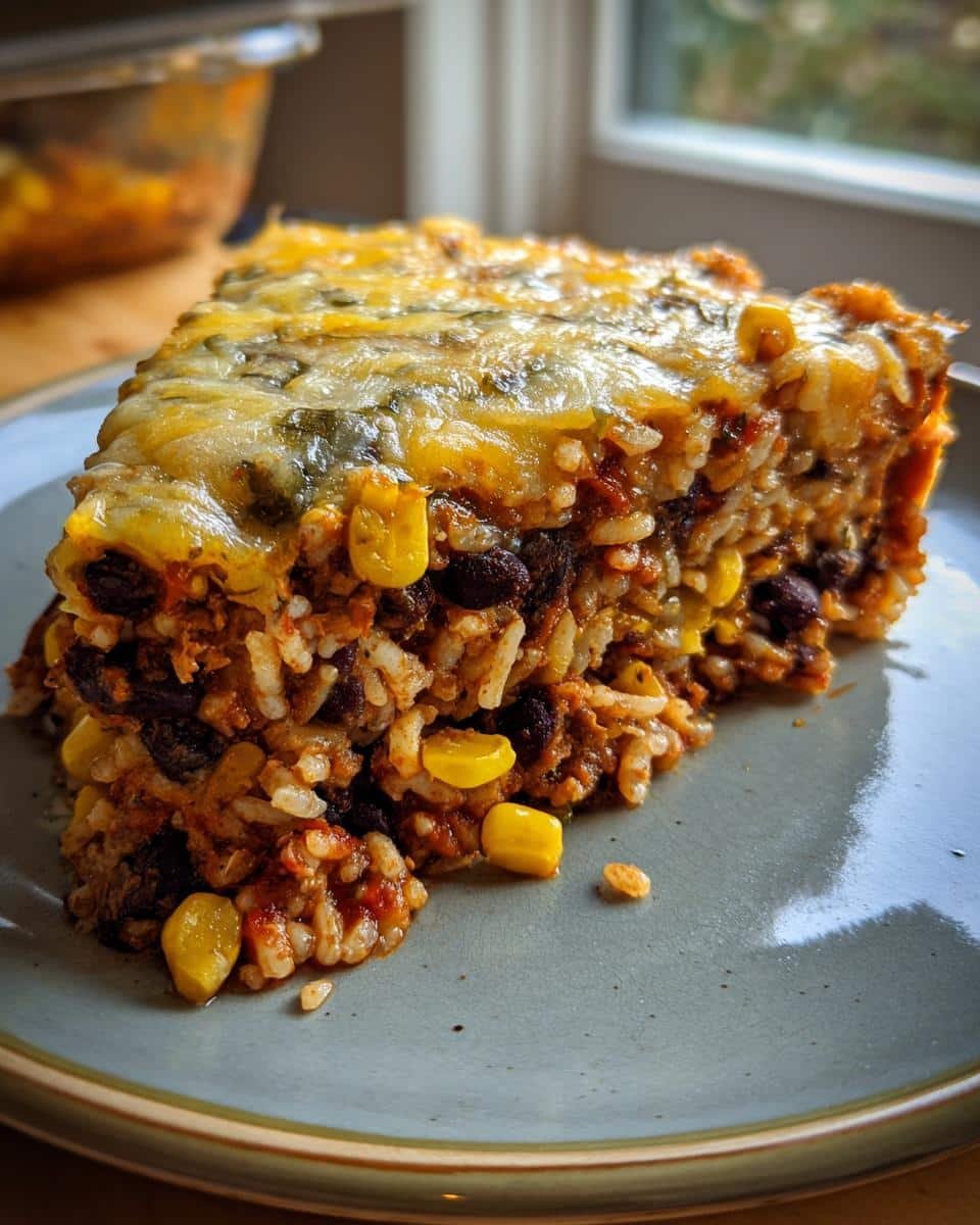Disgustingly Easy Mexican Black Beans and Rice Casserole 7 A slice of Mexican black beans and rice casserole on a plate, showing layers of rice, beans, corn, and cheese.