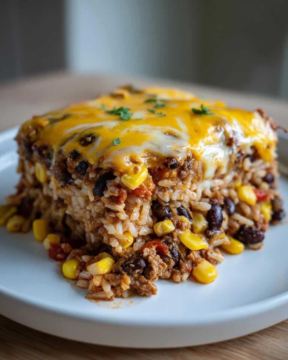 Disgustingly Easy Mexican Black Beans and Rice Casserole 8 A slice of Mexican black beans and rice casserole, topped with melted cheese and garnished with parsley.