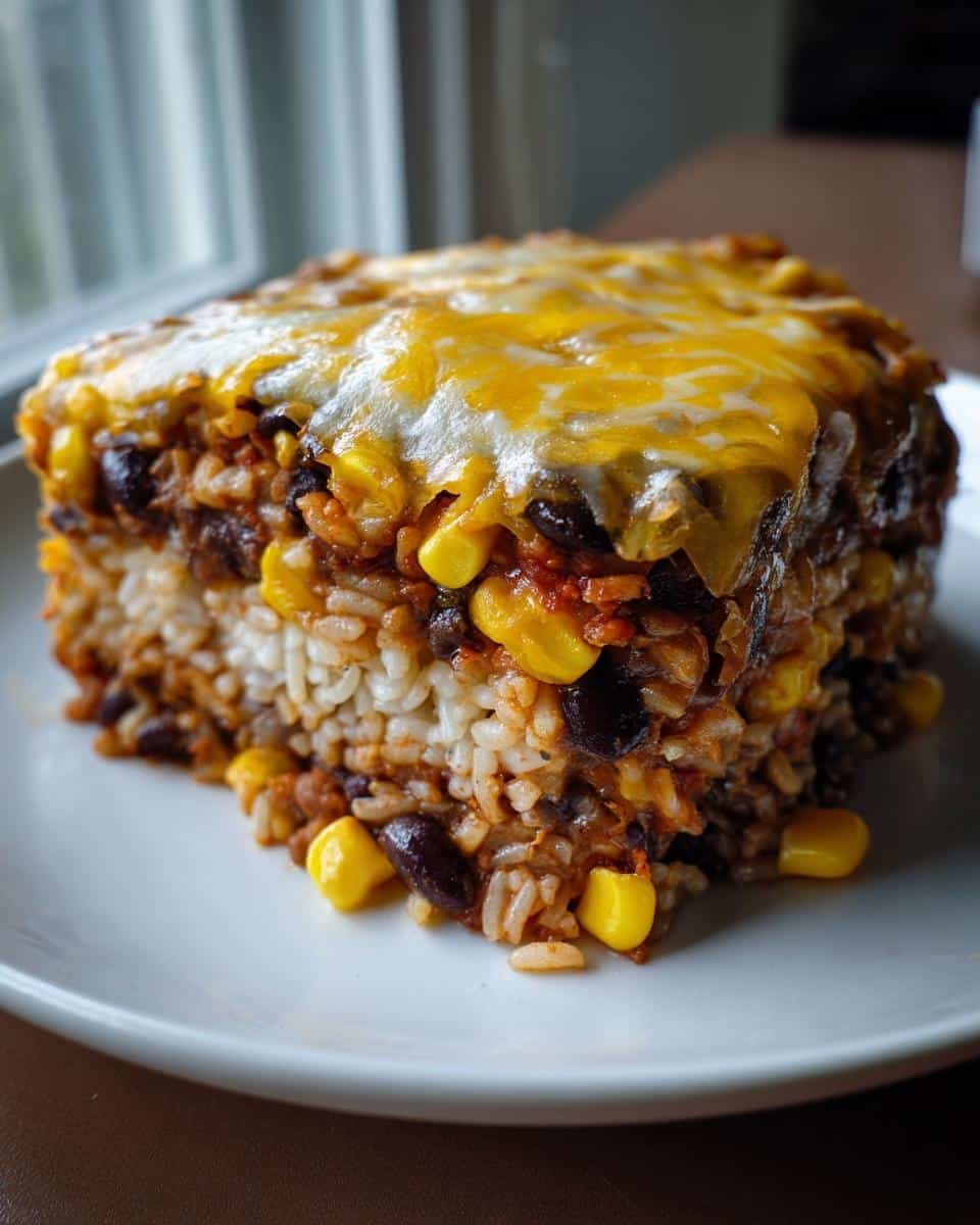 Disgustingly Easy Mexican Black Beans and Rice Casserole 9 A slice of Mexican black beans and rice casserole with melted cheese on a white plate.