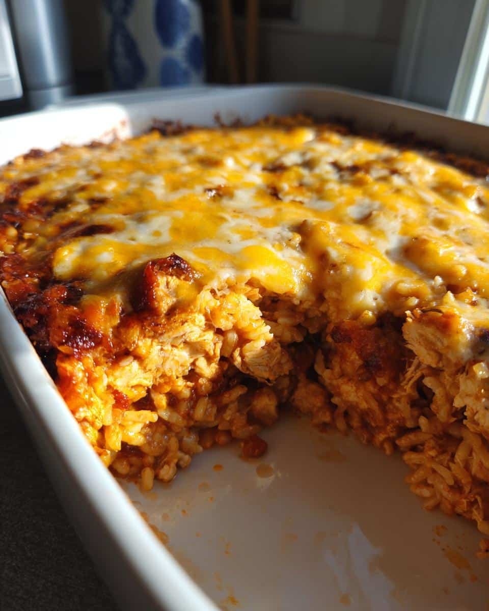 Mexican Chicken Rice Casserole: Deliciously Easy! 8 A close-up of Mexican chicken rice and cheese casserole in a white baking dish, showing a portion removed.