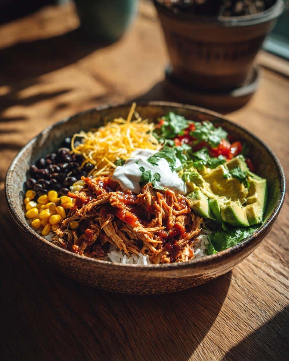 Mexican Chicken Rice Bowl: Ditch SAD, Embrace Flavor 6 Overhead view of a vibrant Mexican chicken rice bowl with chicken, rice, beans, corn, avocado, cheese, and sour cream.