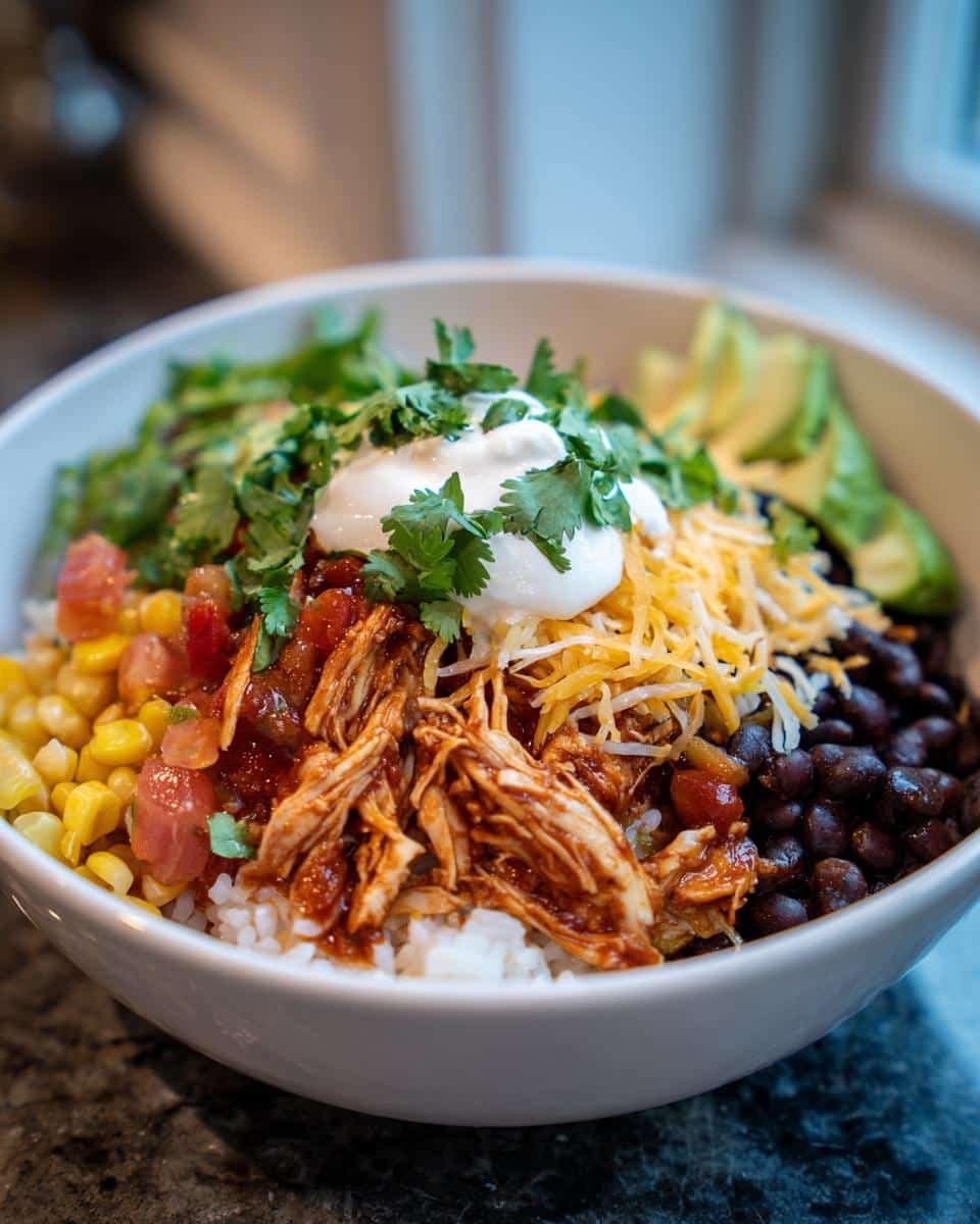 Mexican Chicken Rice Bowl: Ditch SAD, Embrace Flavor 7 A vibrant Mexican chicken rice bowl with rice, chicken, black beans, corn, salsa, avocado, cheese, and sour cream.
