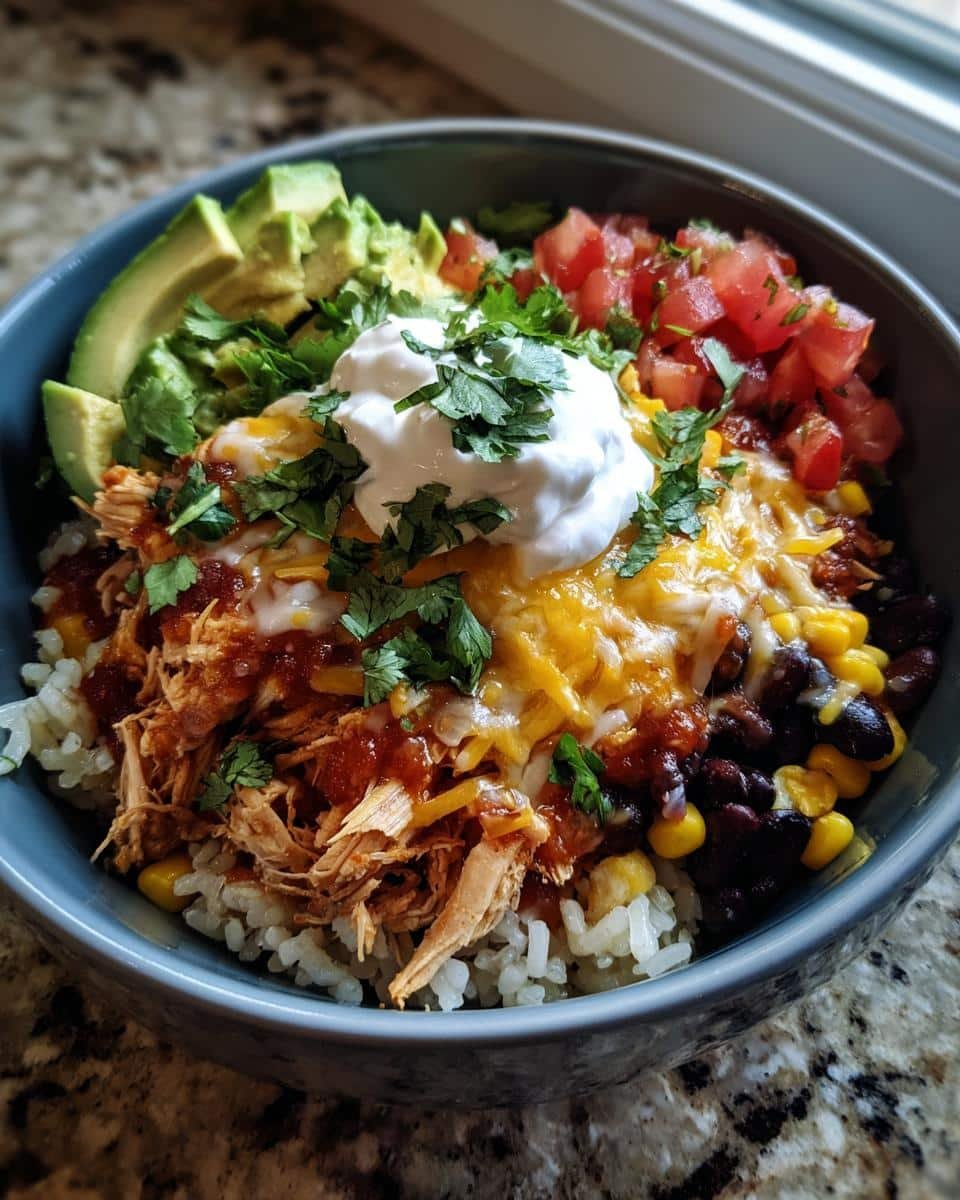 Mexican Chicken Rice Bowl: Ditch SAD, Embrace Flavor 8 Overhead shot of a vibrant Mexican chicken rice bowl with avocado, tomatoes, sour cream, cheese, and black beans.