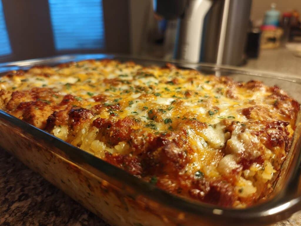 Delicious Mexican chicken rice and cheese casserole in a glass baking dish, topped with melted cheese and herbs.