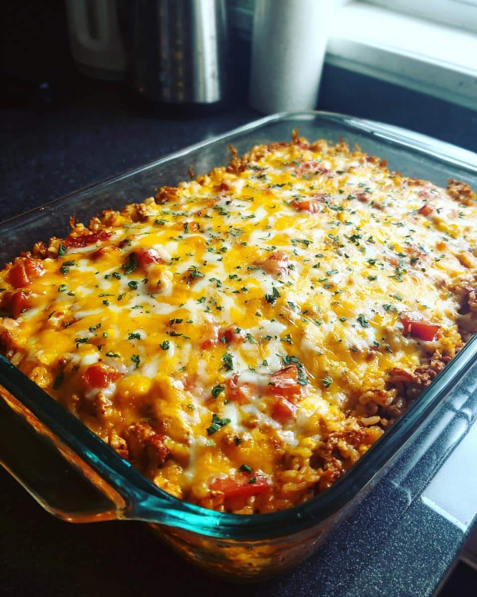 Mexican Chicken Rice Casserole: Deliciously Easy! 6 A freshly baked Mexican chicken rice and cheese casserole in a glass baking dish, topped with melted cheese and herbs.