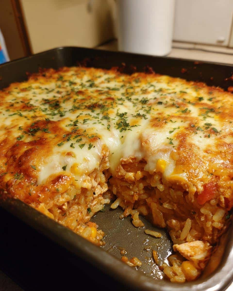 Mexican Chicken Rice Casserole: Deliciously Easy! 7 A freshly baked Mexican chicken rice and cheese casserole in a baking dish, with a portion removed.