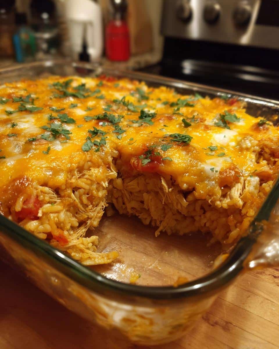 Mexican Chicken Rice Casserole: Deliciously Easy! 9 Delicious Mexican chicken rice and cheese casserole in a glass baking dish, topped with melted cheese and cilantro.