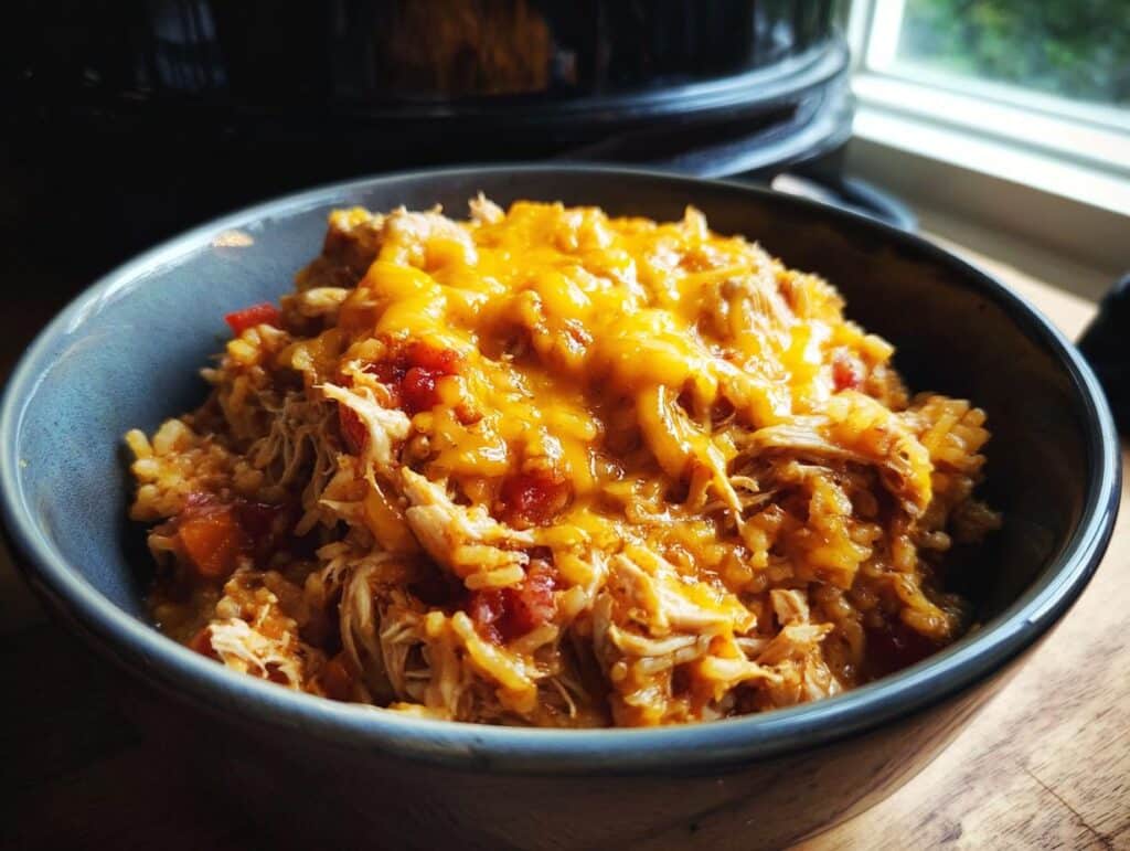 Bowl of Mexican chicken rice crock pot with melted cheese on top, ready to eat.