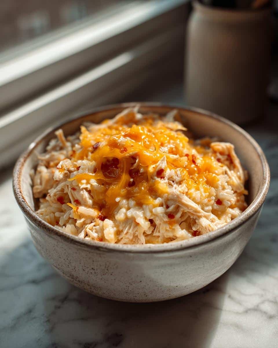 Devastatingly Easy Mexican Chicken Rice Crock Pot 6 Bowl of Mexican chicken rice crock pot topped with melted cheese and red pepper flakes.