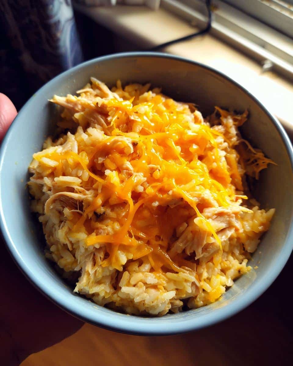 Devastatingly Easy Mexican Chicken Rice Crock Pot 7 A bowl of cheesy Mexican chicken rice crock pot, ready to eat. Close-up shot.