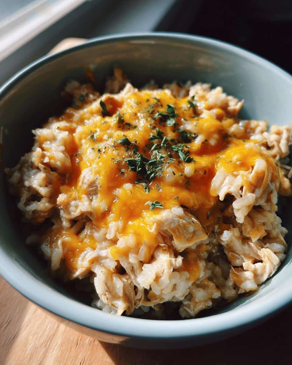 Devastatingly Easy Mexican Chicken Rice Crock Pot 8 A bowl of cheesy Mexican chicken rice crock pot, garnished with fresh herbs.