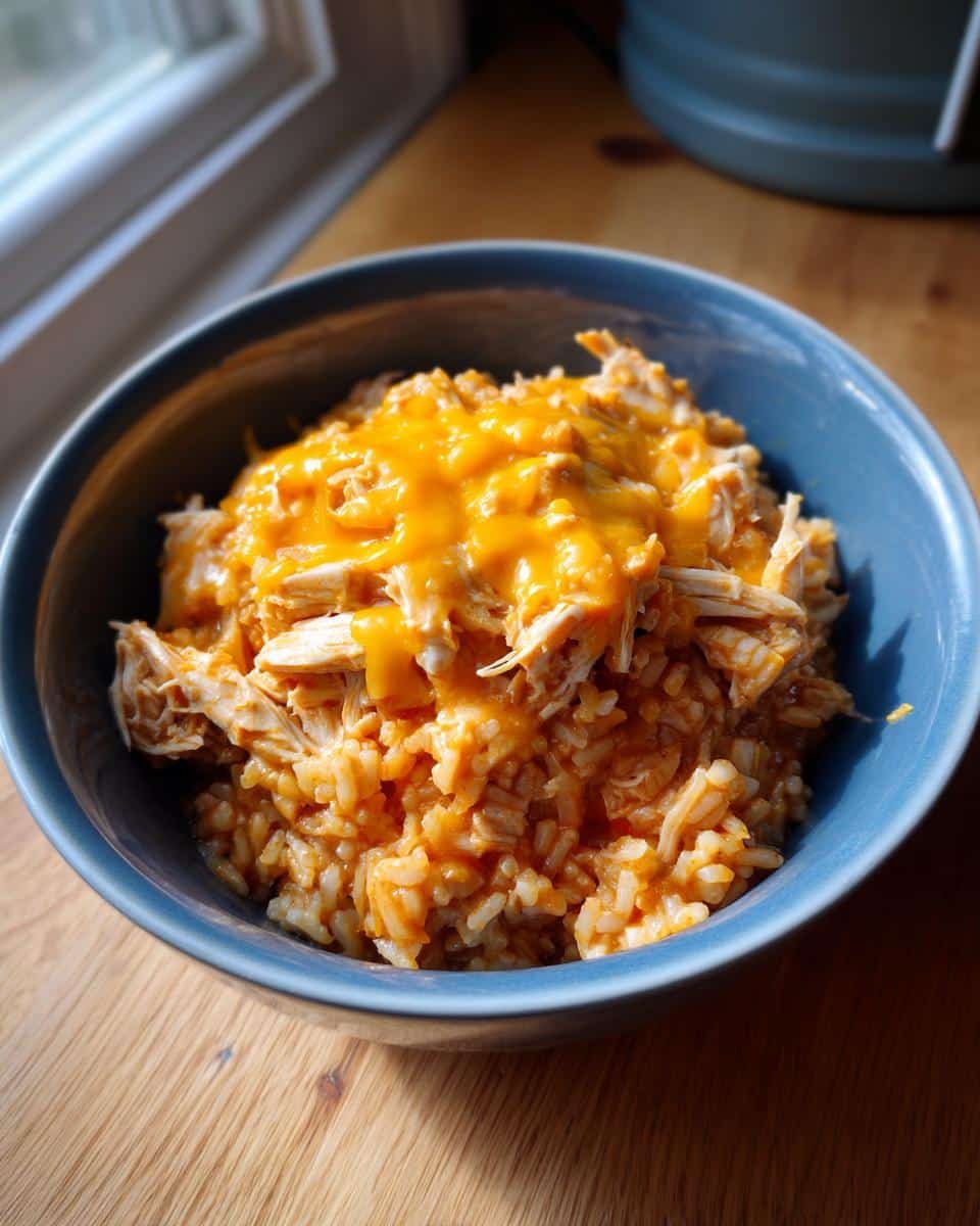 Devastatingly Easy Mexican Chicken Rice Crock Pot 9 A bowl of Mexican chicken rice crock pot with shredded chicken and melted cheese on top.