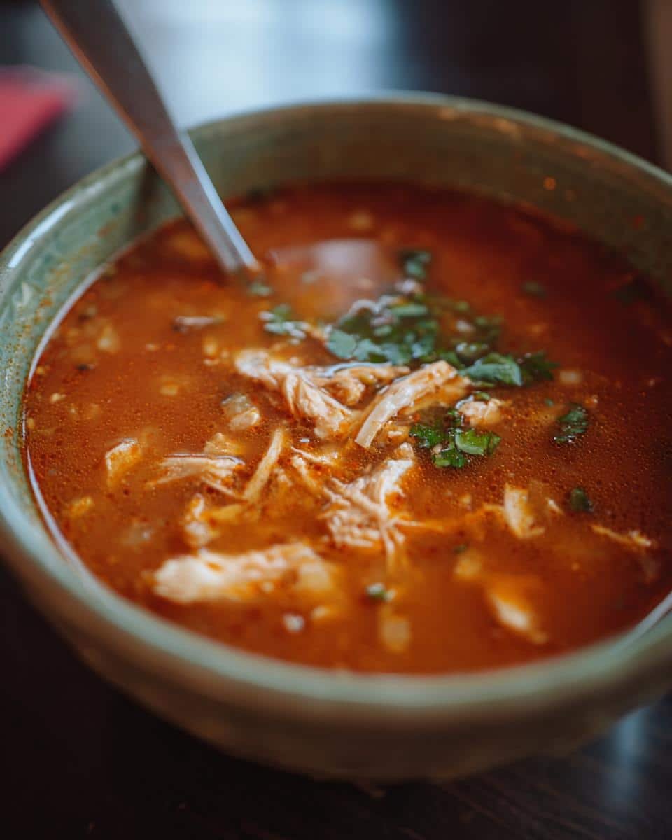Mexican Chicken Tortilla Soup with Rice: 3 Secrets 6 Close-up of a bowl of Mexican chicken tortilla soup with rice, chicken, and cilantro.