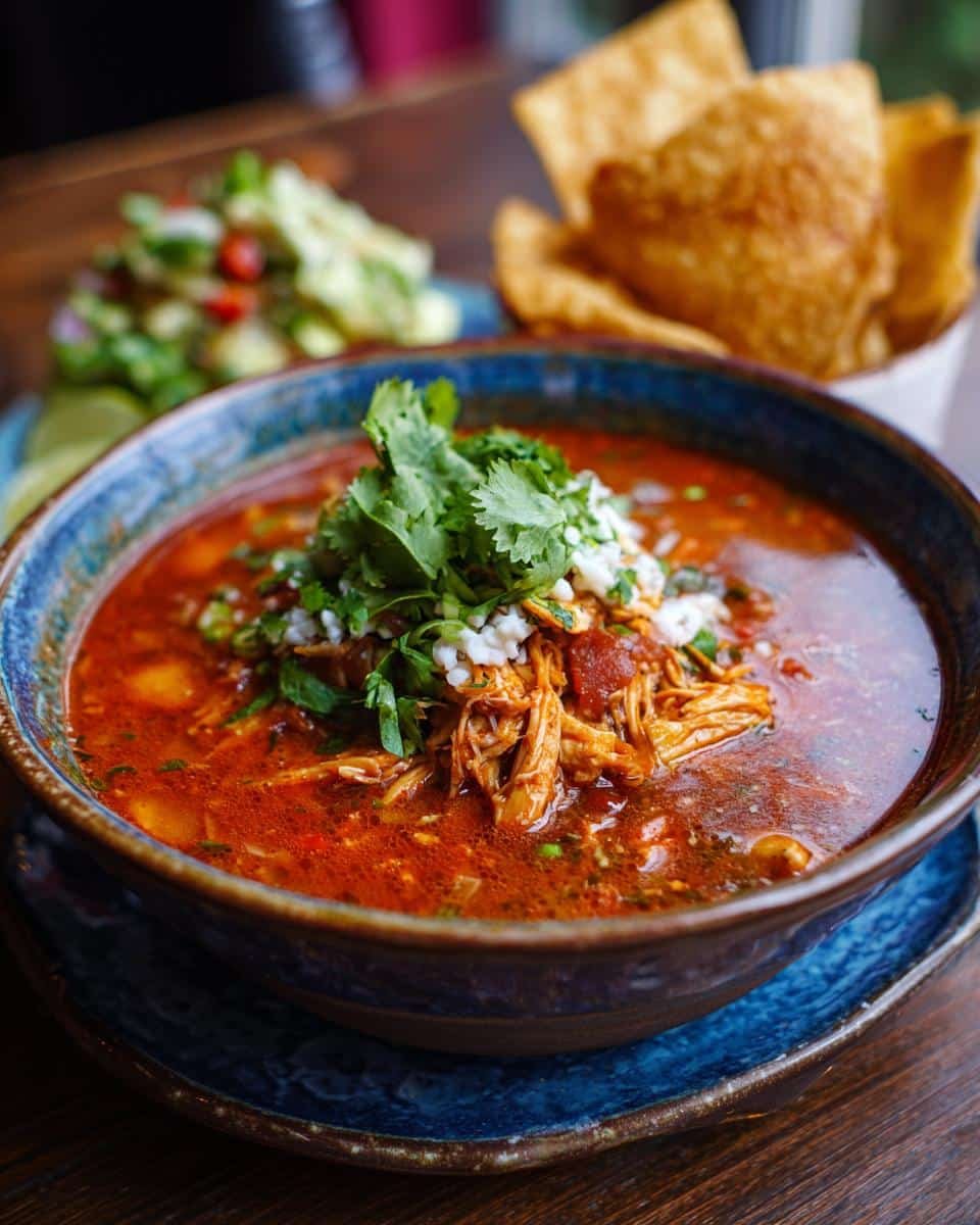 Mexican Chicken Tortilla Soup with Rice: 3 Secrets 8 Bowl of Mexican chicken tortilla soup with rice, topped with cilantro, served with avocado salad and tortilla chips.