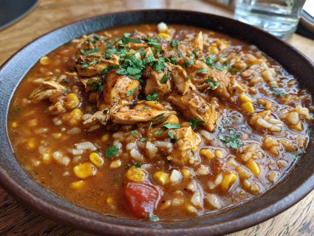 A bowl of hearty Mexican chicken tortilla soup with rice, chicken, corn, and garnished with fresh parsley.