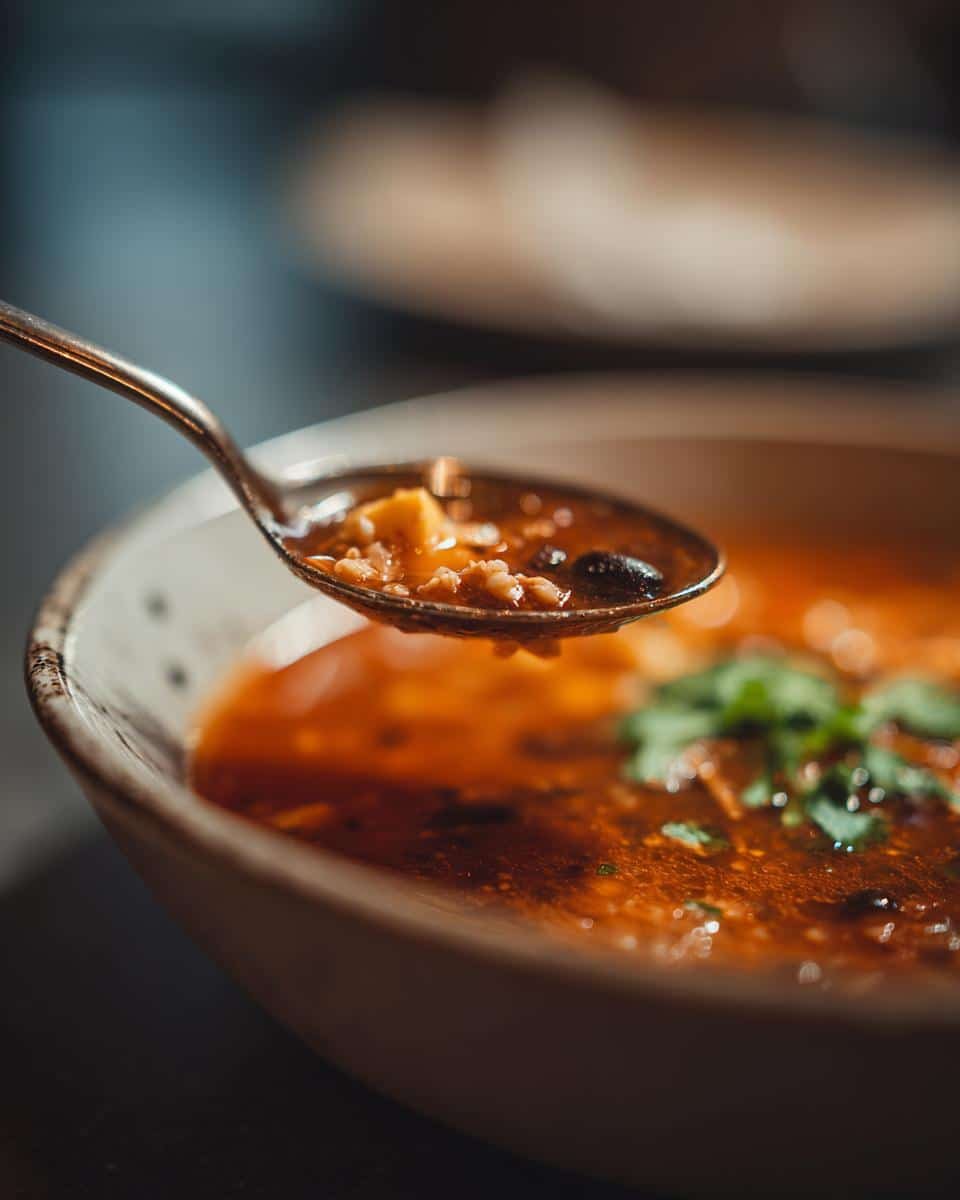 Mexican Chicken Tortilla Soup with Rice: 3 Secrets 7 Spoonful of Mexican chicken tortilla soup with rice, featuring chicken, rice, and black beans.