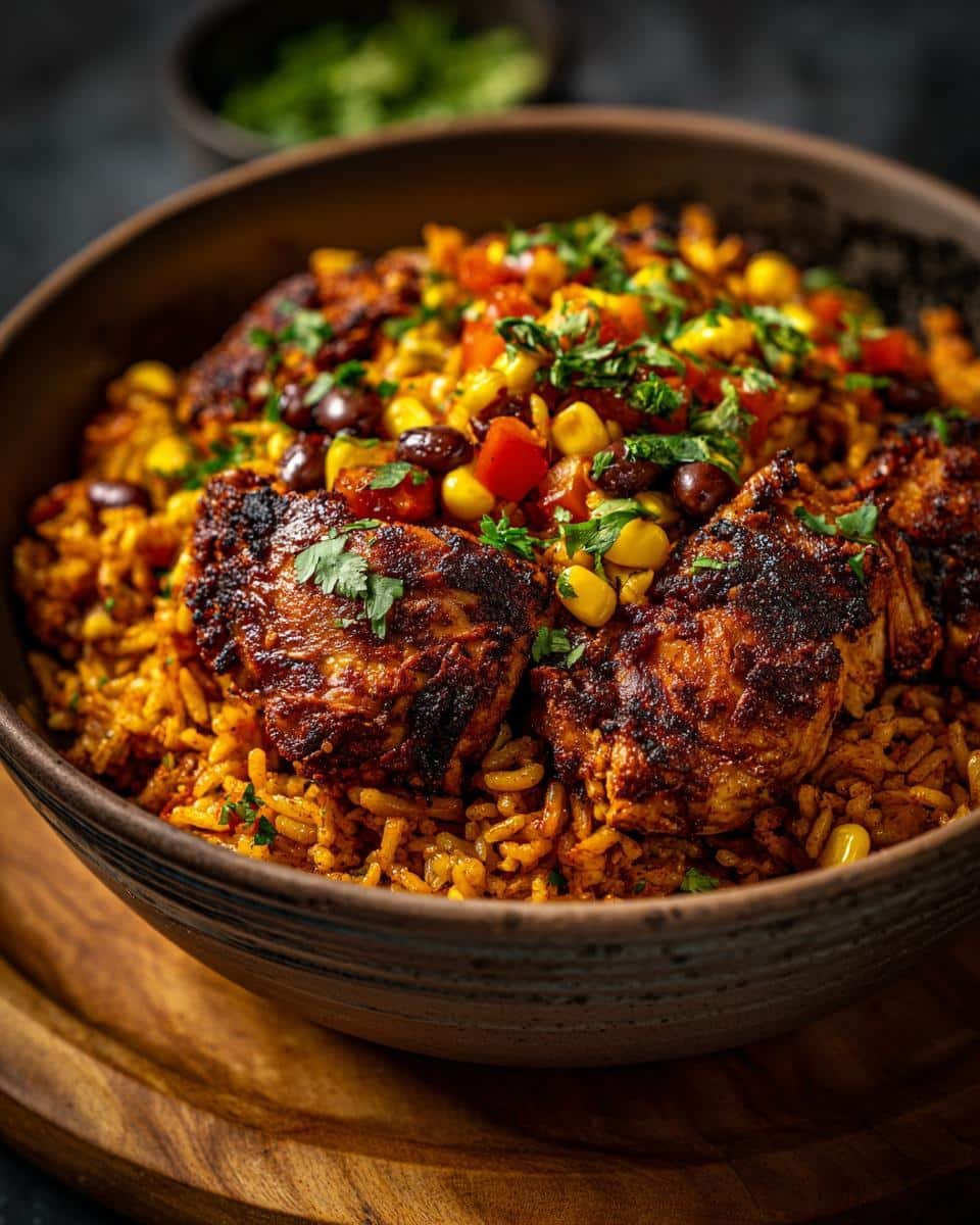 Easy Mexican Rice and Beans with Chicken in 3 Steps 8 Close-up of a bowl filled with Mexican rice and beans with chicken, garnished with cilantro.