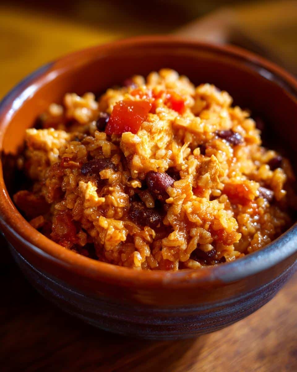 Easy Mexican Rice and Beans with Chicken in 3 Steps 6 Close-up of a bowl filled with flavorful Mexican rice and beans with chicken, garnished with diced tomatoes.