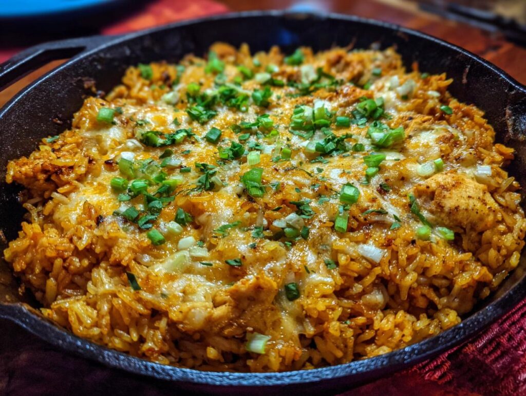 A skillet filled with cheesy mexican rice and beans with chicken, garnished with green onions.