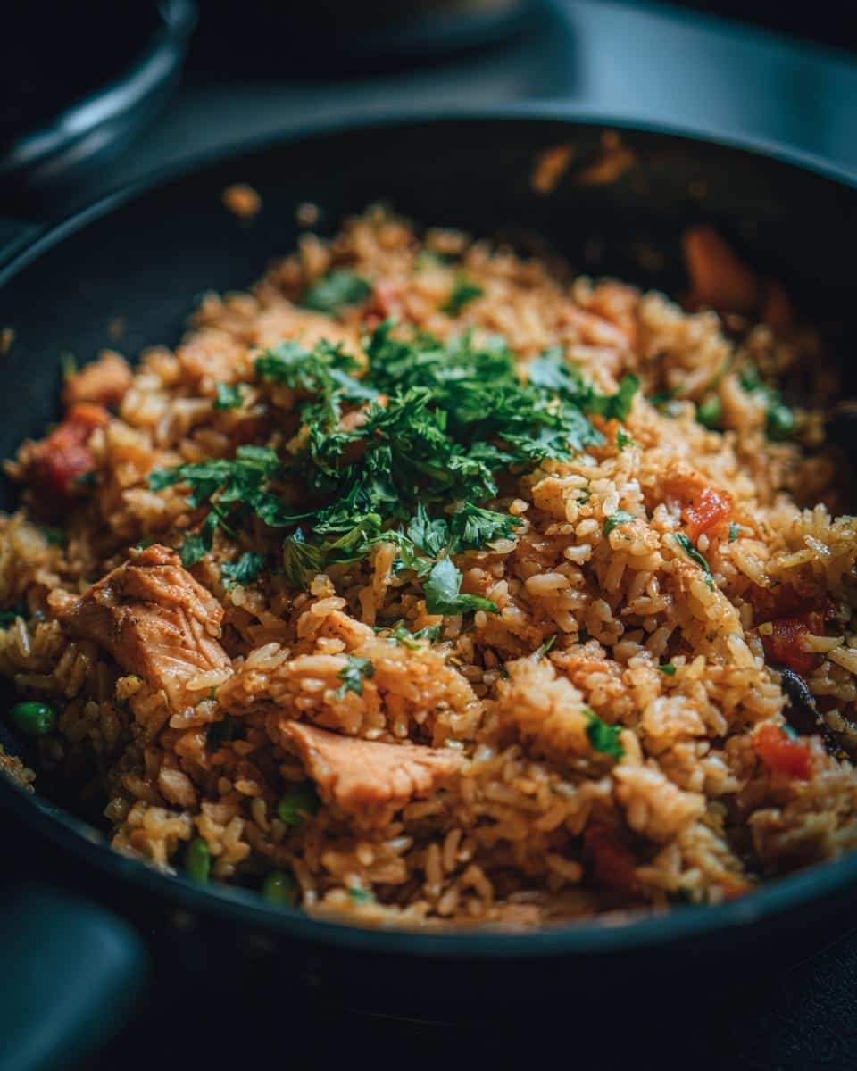 Easy Mexican Rice and Beans with Chicken in 3 Steps 9 Close-up of Mexican rice and beans with chicken, garnished with fresh cilantro in a black pan.