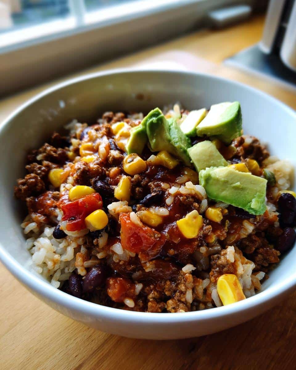 Mexican Rice Bowl with Sauce: Avoid This 40 Min Mistake 6 A vibrant Mexican rice bowl with sauce, ground beef, corn, beans, tomatoes and avocado chunks on top.