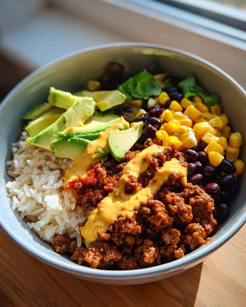 Mexican Rice Bowl with Sauce: Avoid This 40 Min Mistake 7 A vibrant Mexican rice bowl with sauce, featuring rice, seasoned ground beef, avocado, corn, and black beans.