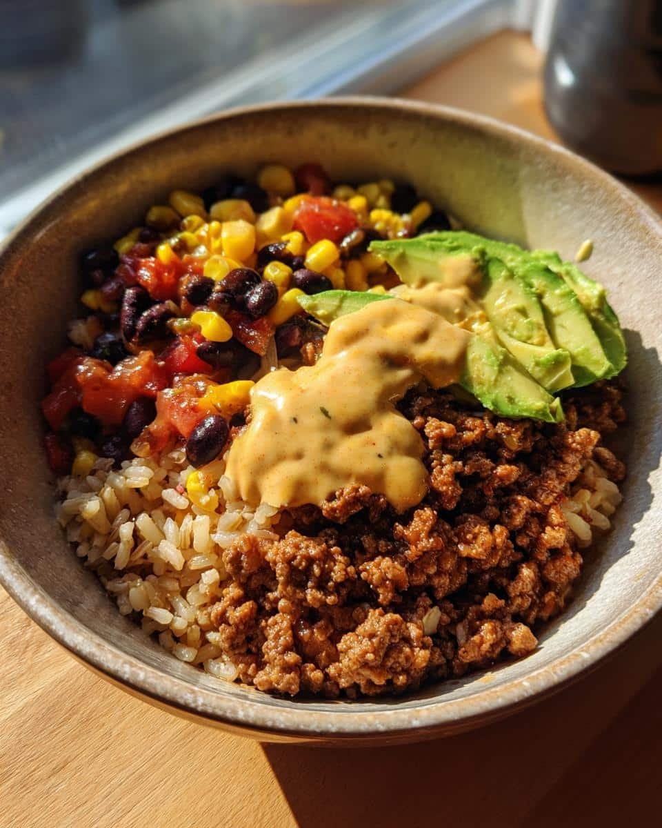 Mexican Rice Bowl with Sauce: Avoid This 40 Min Mistake 8 A vibrant Mexican rice bowl with sauce, featuring rice, seasoned ground meat, black bean salsa, avocado, and creamy sauce.