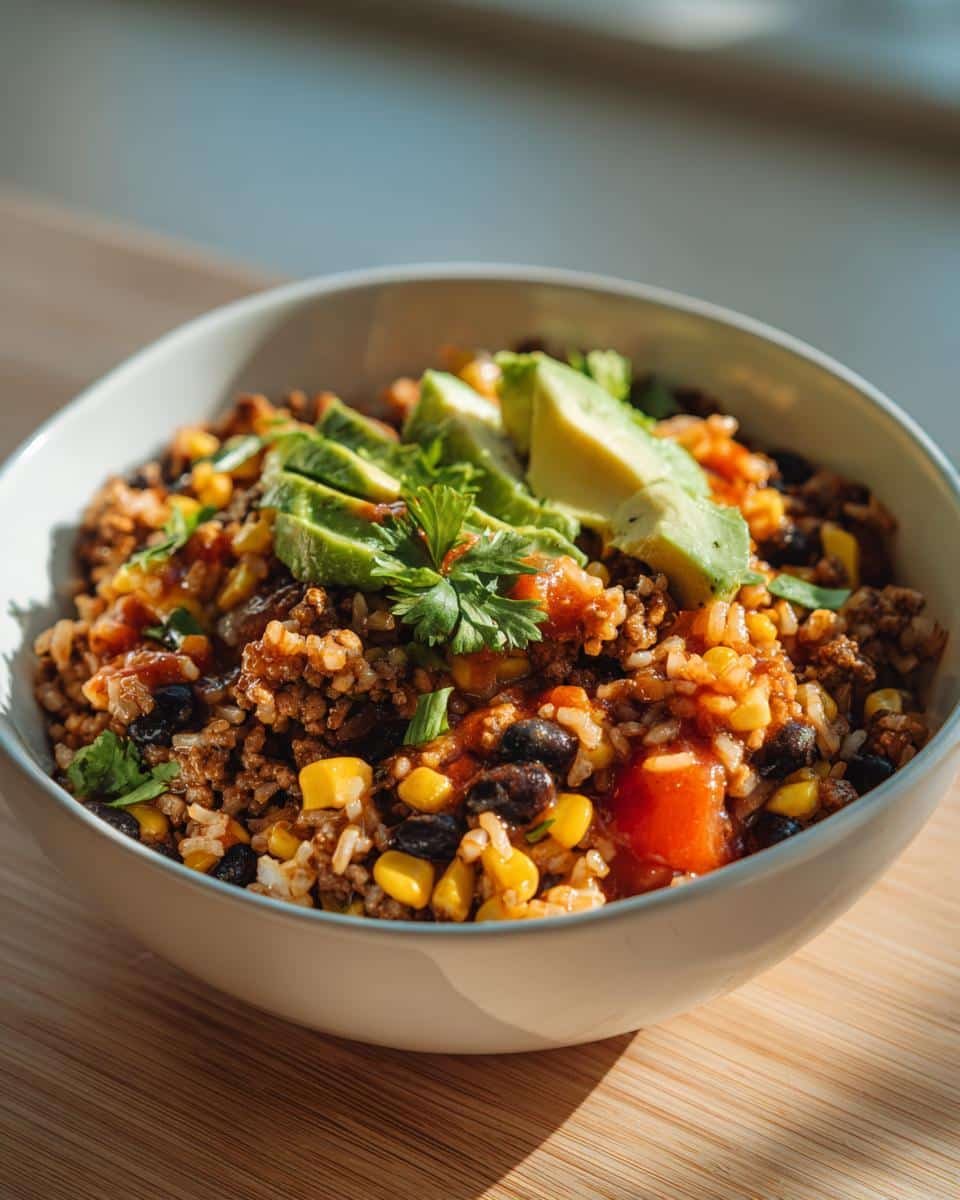 Mexican Rice Bowl with Sauce: Avoid This 40 Min Mistake 9 A vibrant Mexican rice bowl with sauce, featuring rice, black beans, corn, avocado, and cilantro.