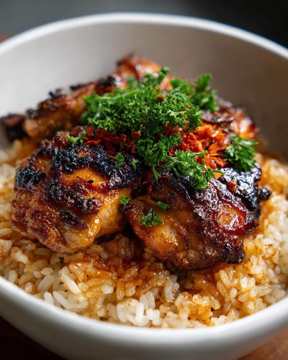 Dump Your Worries: 30-Minute Rice Bowls Chicken Mexican 6 Close-up of Mexican rice bowls chicken, garnished with parsley and red pepper flakes.